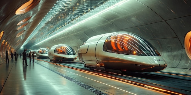 Photo futuristic hyperloop pods at highspeed transport terminal representing future innovation and technology advancement