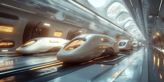 Photo futuristic hyperloop pods at highspeed transport terminal