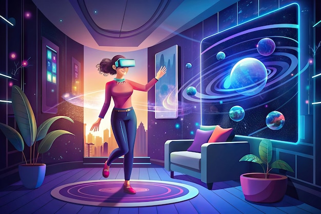 Photo futuristic illustration of person with virtual reality glasses and elements in the background