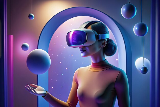 Futuristic illustration of person with virtual reality glasses and elements in the background