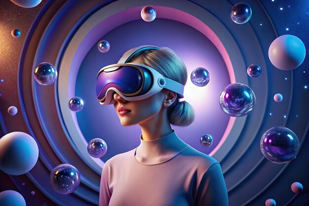 Futuristic illustration of person with virtual reality glasses and elements in the background