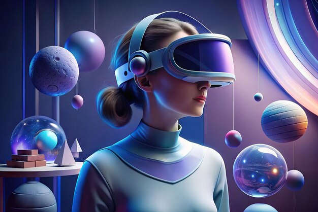 Futuristic illustration of person with virtual reality glasses and elements in the background