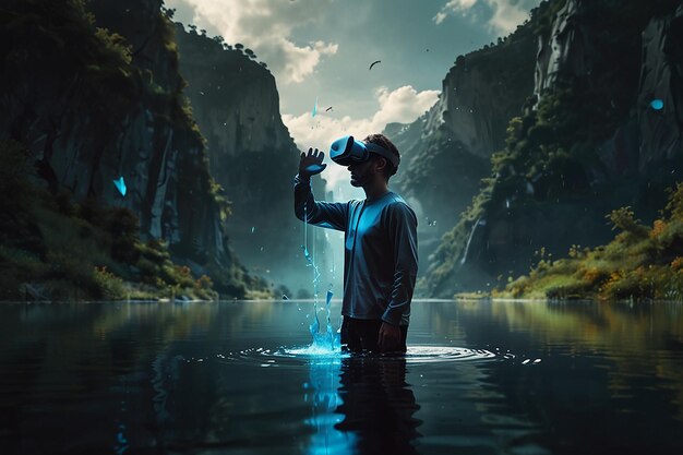 Photo futuristic illustration of person with virtual reality glasses and elements in the river