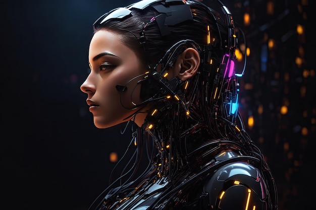 futuristic illustration of side view of pensive robot woman ai generative