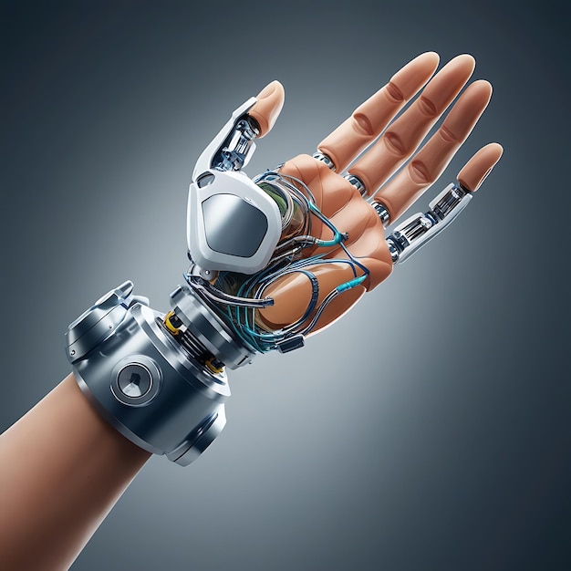 A futuristic image of a biotechnological marvel a human hand seamlessly integrated