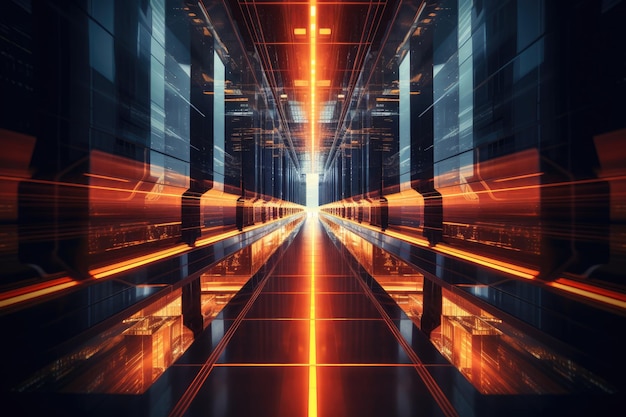 A futuristic image of a building with orange lights and a light on it.