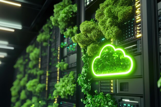 Photo a futuristic image of a digital cloud icon glowing green floating in front of a row of data servers