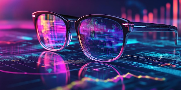 Futuristic Image of Glasses Reflecting Digital Data Visualization with Advanced Coding and Analytics