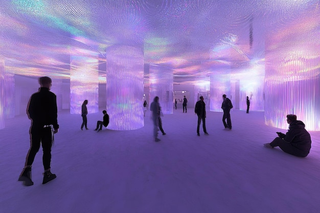 Photo a futuristic immersive space with translucent columns and soft lighting filled with people