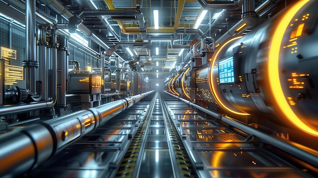 A futuristic industrial space with a lot of pipes and tubes