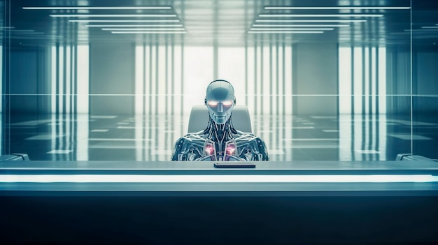 Futuristic and Innovative Humanoid Robot Assistant Sitting Behind Sleek Modern Desk Generative AI