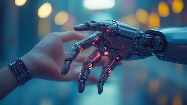 Photo futuristic interaction between human and robot hands