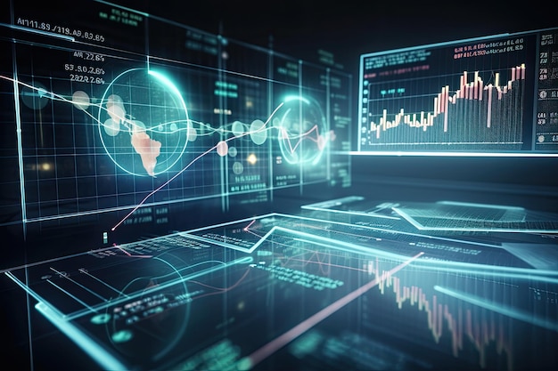 Futuristic interface with charts and graphs 3D Rendering Financial graphs glowing lines and diagrams on digital screen AI Generated