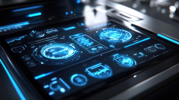 Futuristic Interface with Glowing Blue Icons on a Dark Panel