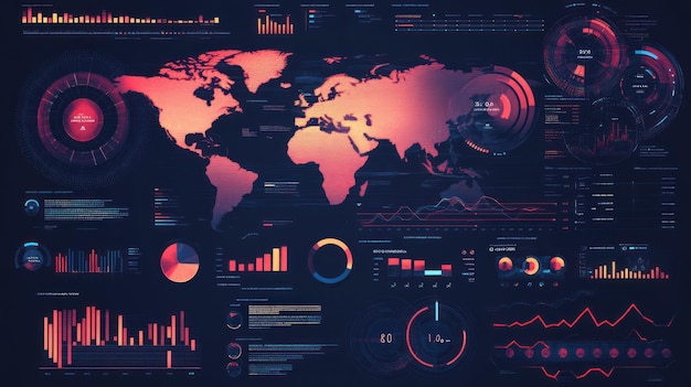 Photo futuristic interface with world map and data visualization