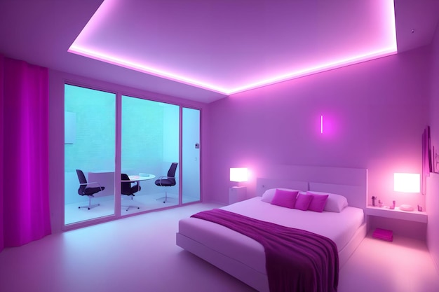 Futuristic interior design luxury modern house with neon light generative art by AI