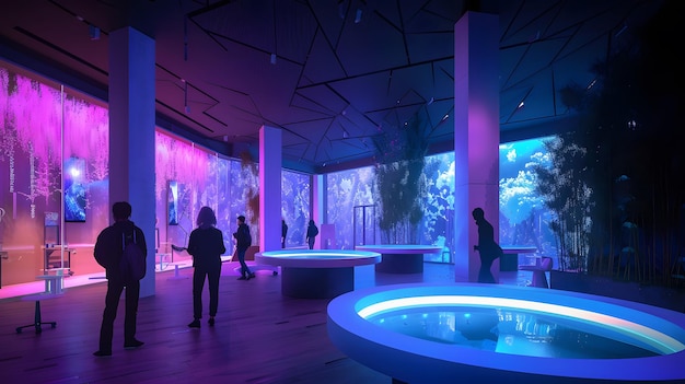 Futuristic Interior Design with Interactive Exhibits and Neon Lighting