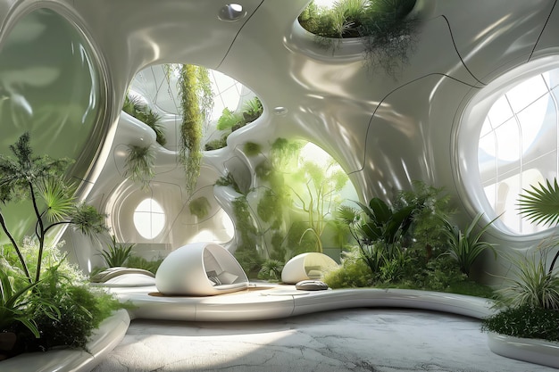 Futuristic interior design with lush greenery growing on the walls creating a serene and eco friendly living space