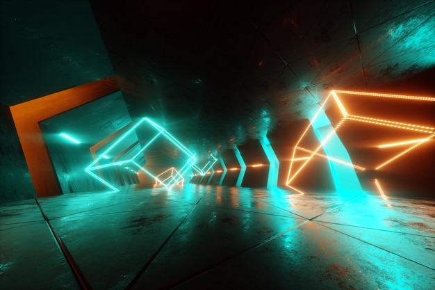 Futuristic interior, green yellow neon abstract background, ultraviolet light, Sci fi scenery, tunnel or corridor in a nightclub. 3D rendering, 3D illustration.