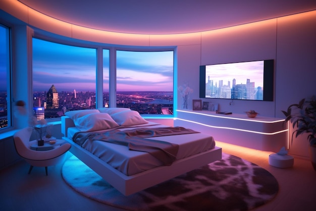 Futuristic Interior of a living room with a panoramic view of the city