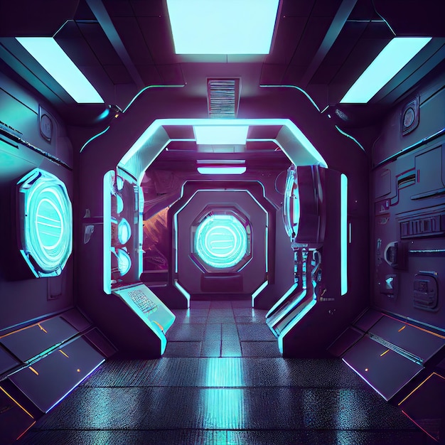 Futuristic interior of space future with glowing and illuminated walls scifi created with generative