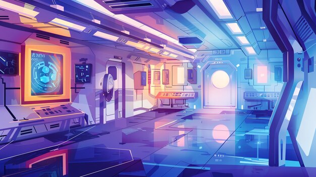 Futuristic interior of spaceship corridor with blue and purple lighting