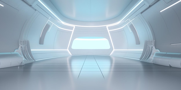 A futuristic interior with a blue light and a window.