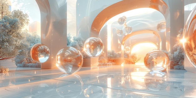 Futuristic interior with floating glass spheres arched architecture and soft sunlight