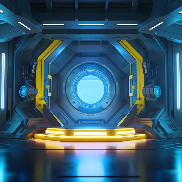 A futuristic interior with a round blue circle and a round blue circle.