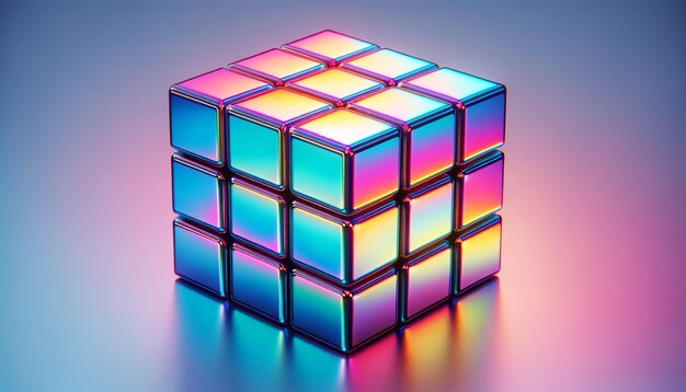 Photo futuristic iridescent rubiks cube on gradient background