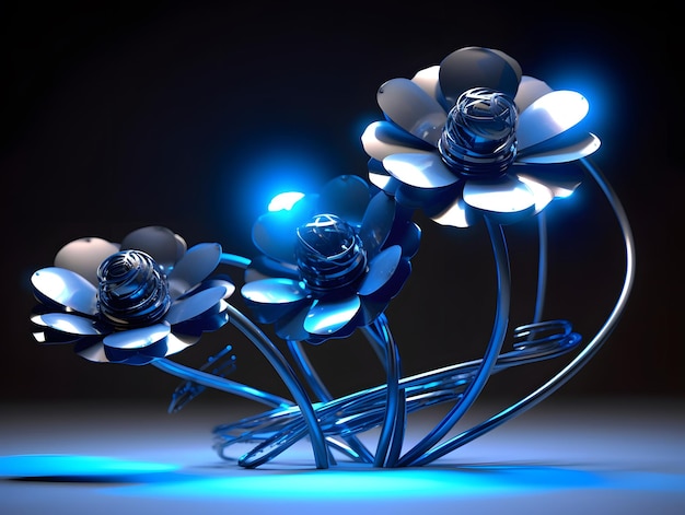 Futuristic iron and LED flowers against a plain background Generative AI