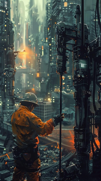 Futuristic Jackhammer in Use Construction Worker Operating HighTech Equipment