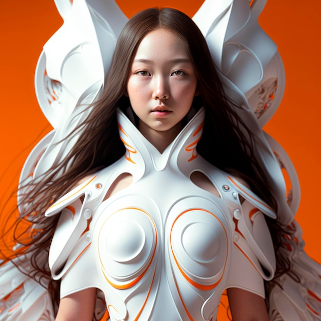 Futuristic Japanese Beauty in Orange and White Wavy Cyberwear