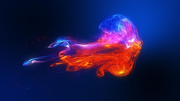 Futuristic jellyfish shape glow red blue colorful fluid particles wave flowing