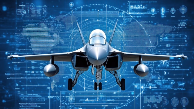 Photo a futuristic jet aircraft is front and center surrounded by complex data visualizations and digital graphics highlighting its advanced technology and capabilities