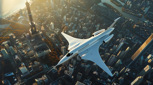 A futuristic jet flies over a city with the Eiffel Tower in the background