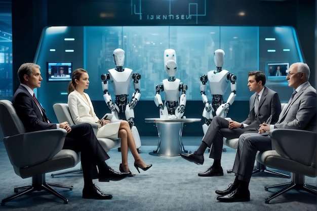 Photo futuristic job interview with ai and robotics