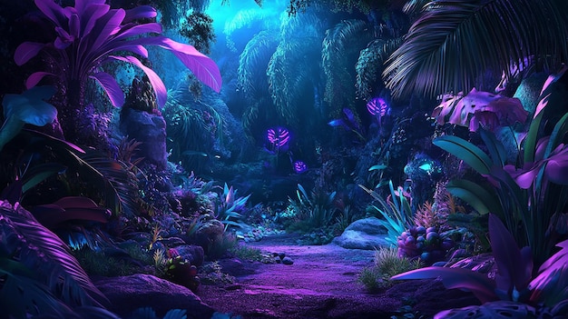 Futuristic Jungle Scene Neon Plant Foliage with Glowing Accents and a Vibrant SciFi Atmosphere