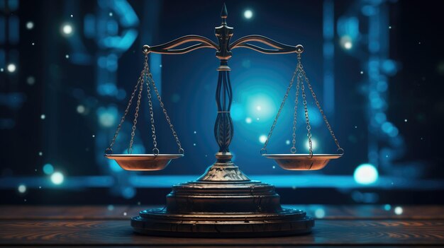 Futuristic justice scale on wooden table Law and justice concept