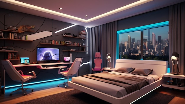 A futuristic kids' room with sleek furniture neon lighting and hightech gadgets creating a space