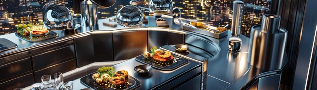 Photo futuristic kitchen design with advanced appliances and plating offering a stunning view of the cityscape through the large windows