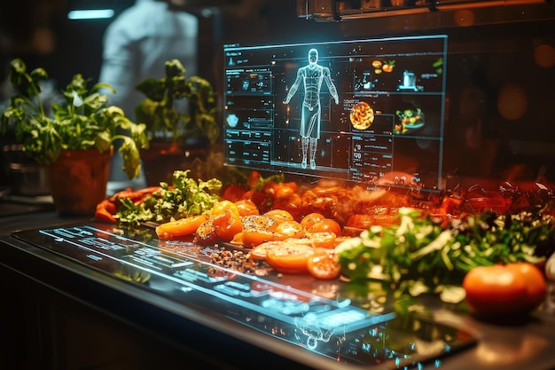 Futuristic Kitchen Technology with Fresh Vegetables and Digital Display