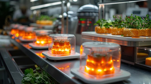 Photo futuristic kitchen with 3d food printers preparing a complete meal