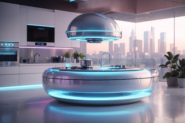 A futuristic kitchen with holographic appliances and a floating island