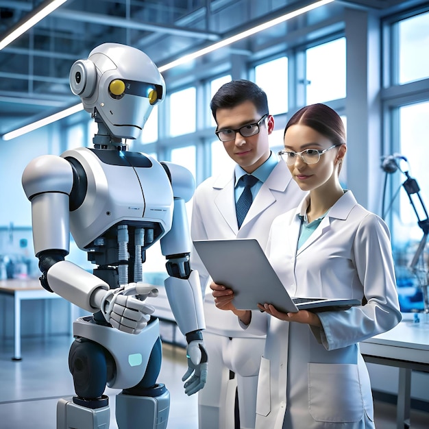 A futuristic lab scene featuring two scientists and a humanoid robot working together