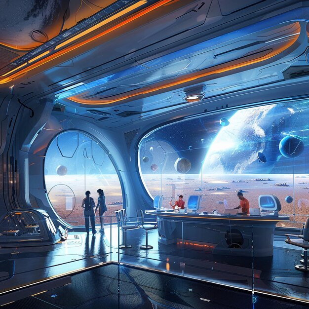 Photo a futuristic lab where students are conducting experiments in space science