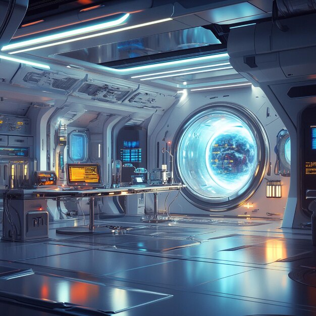 Photo a futuristic laboratory aboard a space station researching extraterrestrial life