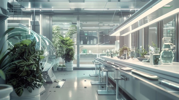 Photo a futuristic laboratory interior featuring sleek white surfaces glass domes containing plants