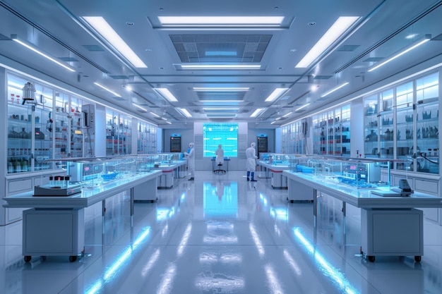 Futuristic Laboratory Interior with Workers in White Suits