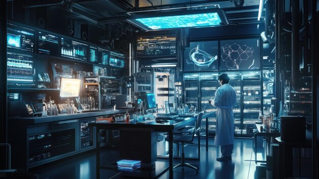 Photo futuristic laboratory with scientist examining data